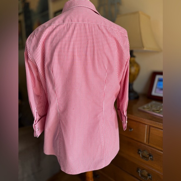 Lands' End Pink Gingham Button Down Shirt w/ 3/4 French Cuff Sleeve - Picture 4 of 12